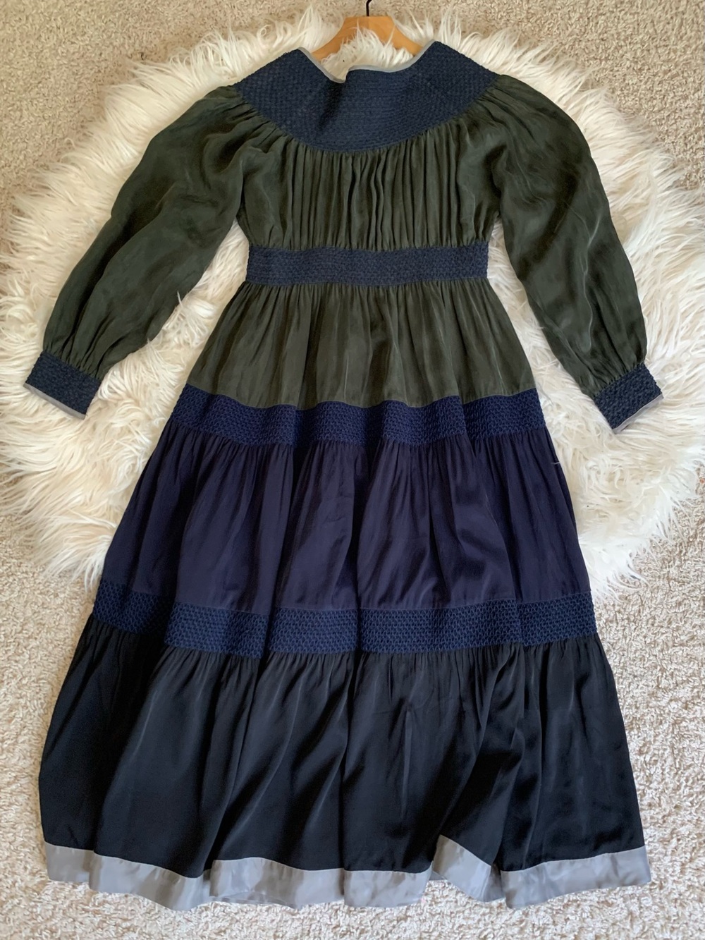 Love Binetti Sophie Smocked Tiered Silk Midi Dress Green Blue Size XS